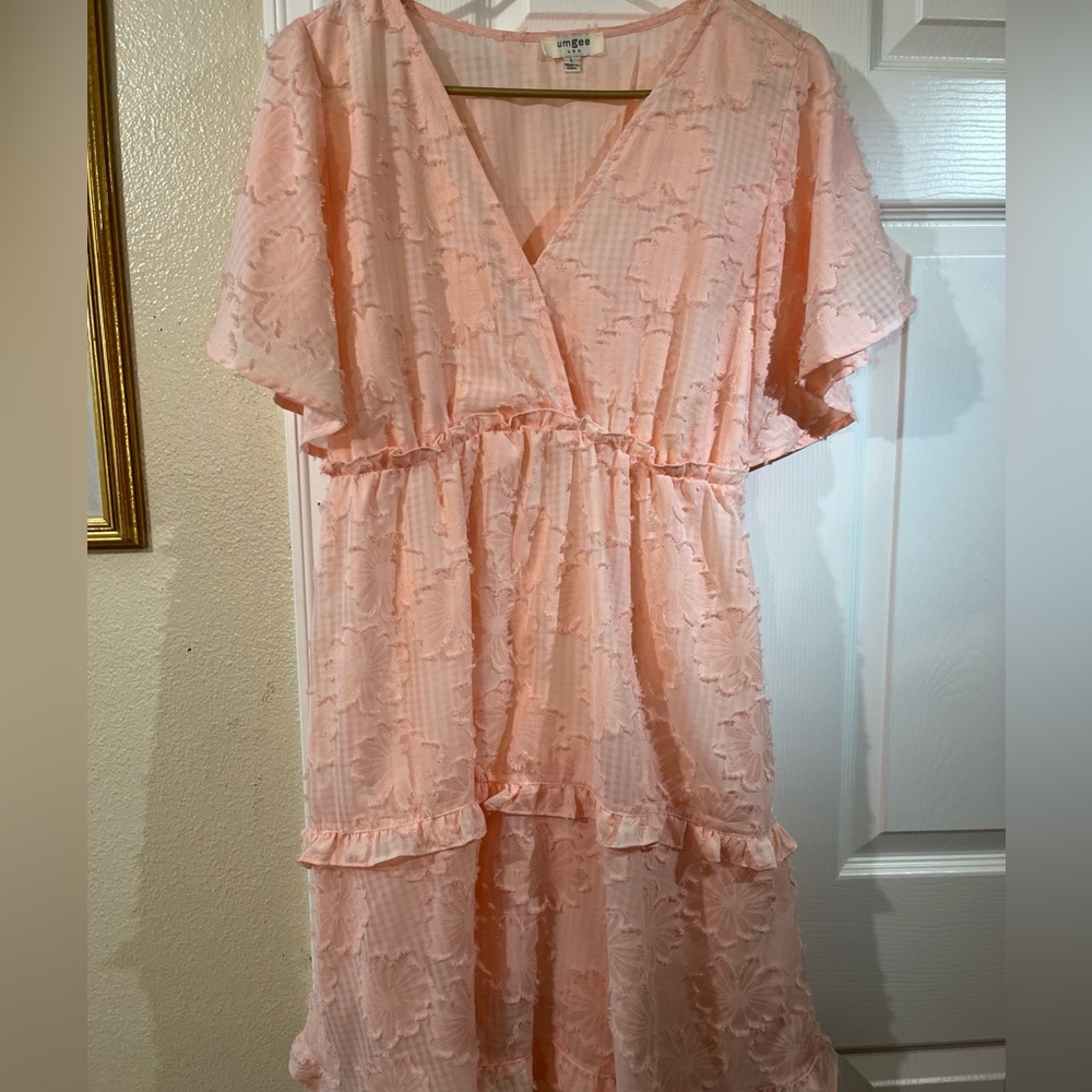Umgee Blush Peach Salmon Flower Applique Semi Sheer Dress L